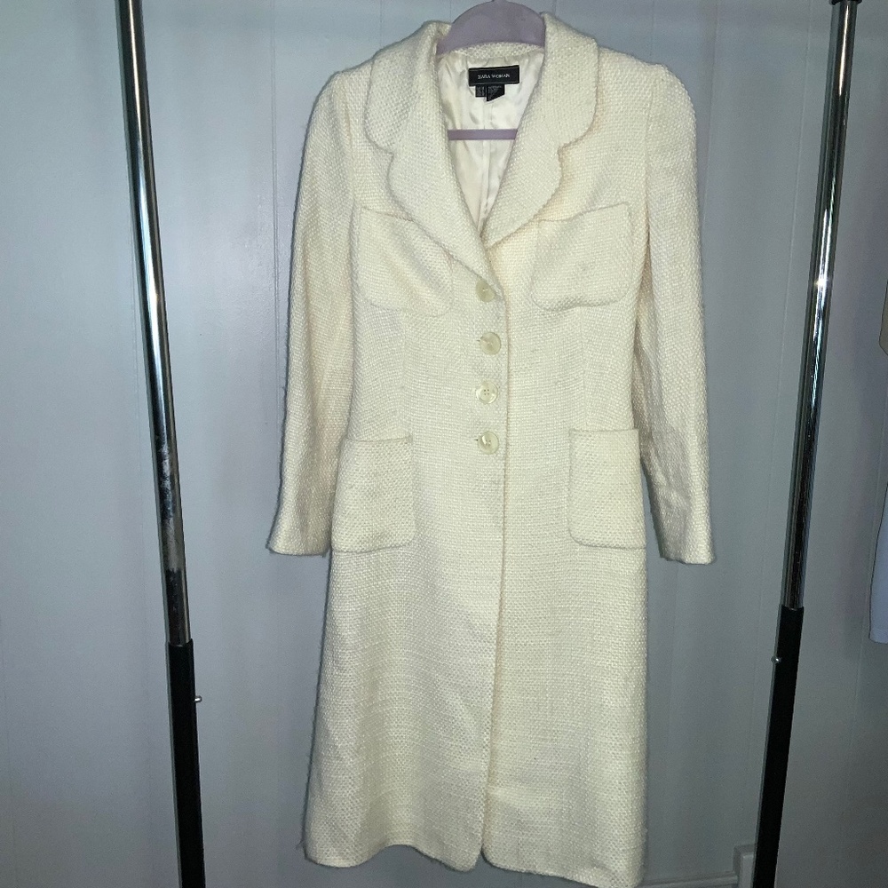 Zara Woman ivory wool blend tweed coat Sz 6 patch pockets button front back vent